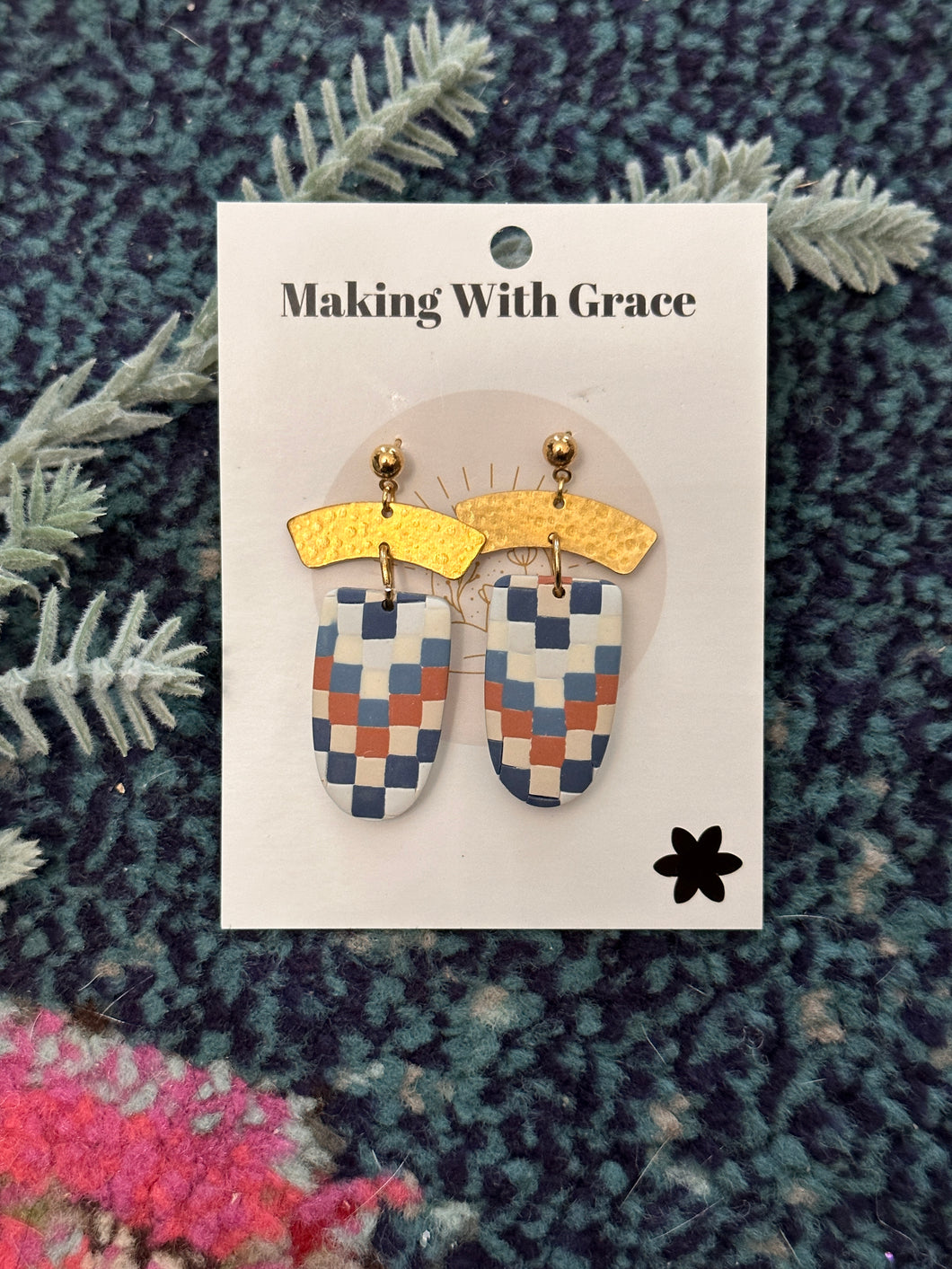 Neutral checkered drop earrings