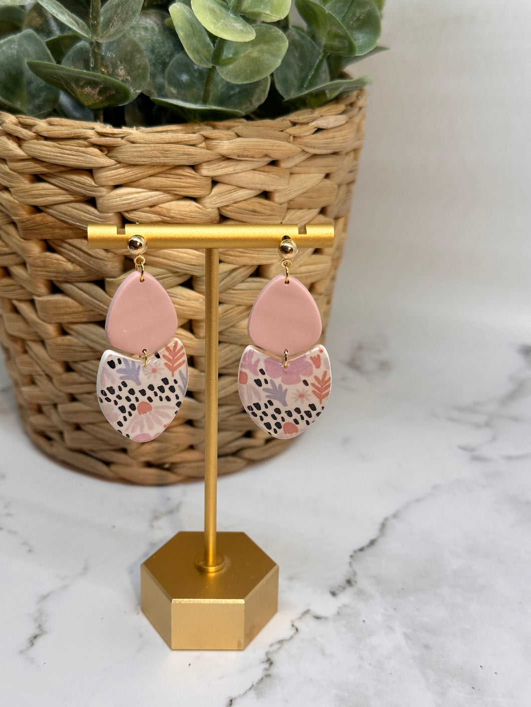 Pink and floral drop earrings