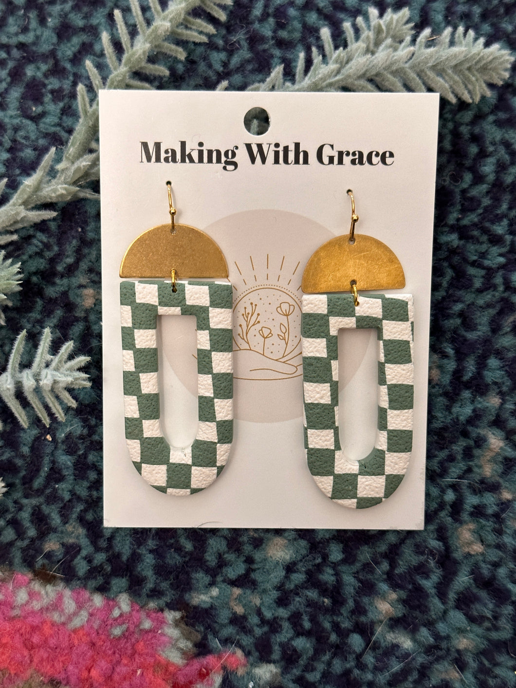Green checkered earrings